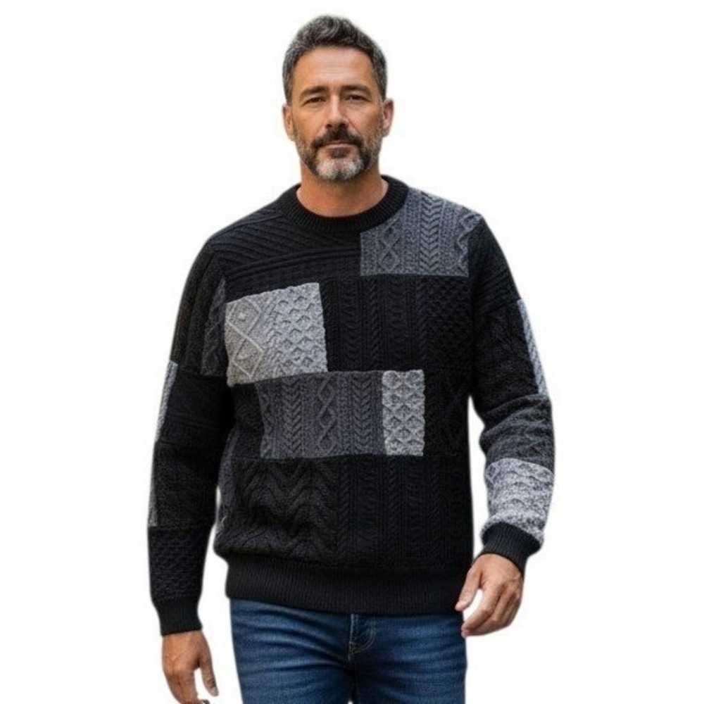 J. Crew Patchwork Wool Cashmere Mens Large Cable Knit Fisherman Grandpa Sweater